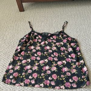 Black and pink floral tank with lace trim at neckline
